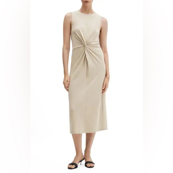 NWOT Mango Sleeveless Knot Front Midi Dress – light beige/gray – Size Medium - Picture 4 of 12
